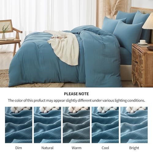 100% Cotton Muslin Duvet Cover Set Queen Size Turquoise Blue, Ultra Soft Breathable Absorbent Gauze Bedding Duvet Cover, Luxurious Minimalist Natural Wrinkle Linen Textured Comforter Cover 90" x 90" YASMENG