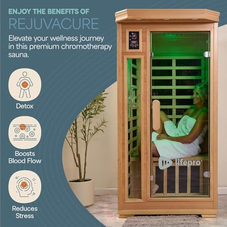 LifePro RejuvaCure 1 Person Far Infrared Sauna for Home - Tempered Glass Door, Oxygen Ionizer, & 7 Chromotherapy Lights for Indoor Sauna - Canadian Hemlock Wood Dry Sauna with Bluetooth Sound System LifePro