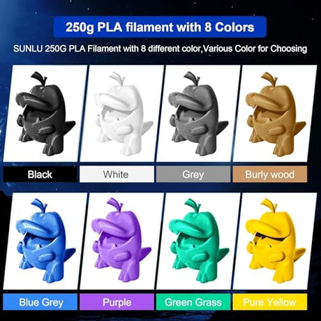 SUNLU PLA Filament 1.75mm Bundle, 3D Printer Filament Bundle 250g, 8 Rolls, 2kg Total, Black+White+Grey+Transparent+Red+Klein Blue+Sunny Orange+Green SUNLU