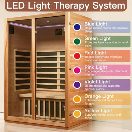 2 Person Infrared Sauna for Home, Low EMF Heater Panels & Chromotherapy Lighting, 1760W/120V, Perfect for Personal Home Sauna for Relaxation and Spa Wellness, 51.18" x 35.43" x 74.8" INFRADELUX