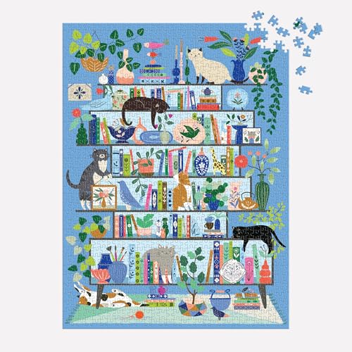 Galison Purrfect Nook – 1000 Piece Jigsaw Puzzle Featuring Artwork of A Lively Cozy Shelf Made for Bibliophiles and Cat Lovers Alike Galison