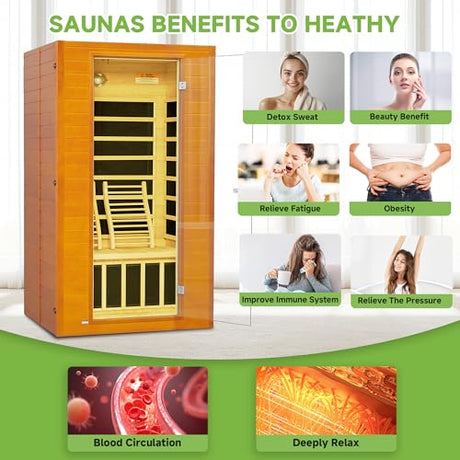 Real Relax Far Infrared Sauna for Home, 1 to 2 Person Indoor Home Sauna with Low Emf Red Light Therapy, Canadian Hemlock Wooden Dry Saunas Room with Bluetooth Speakers, 9-Color Chromotherapy Lights Real Relax