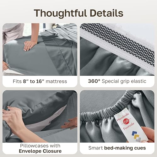 California Design Den 100% Egyptian Cotton Sheets King Size Bed Set - Certified Authentic Luxury, Soft and Durable Sateen, Deep Pocket King Size Egyptian Cotton Sheets Set - Grey California Design Den