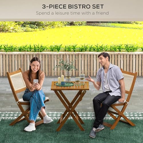 Outsunny 3 Pieces Patio Bistro Set Foldable Wooden PE Rattan Conversation Furniture Outdoor with Cushions, for Porch, Backyard, Garden, Light Teak - WoodArtSupply