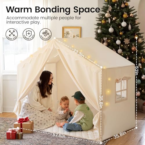 Tiny Land Kids Tent with Mat and Star Lights, Indoor Playhouse for Toddlers, 57"x36"x52" Large Reading Nook for Girls & Boys, Modern Bed Canopy for Kids Room, Teepe Tent