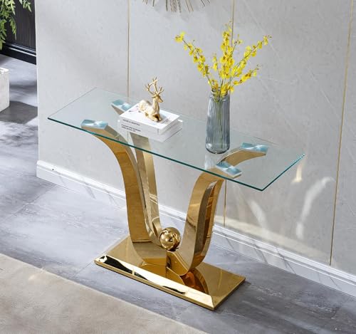 47" Glass Console Table, Long Narrow Tempered Glass Sofa Tables with Double U-Shaped Mirrored Stainless Steel Base, 47 inch Modern Console Tables Luxury Gold Entryway Table for Hallway, Living Room Kootlena