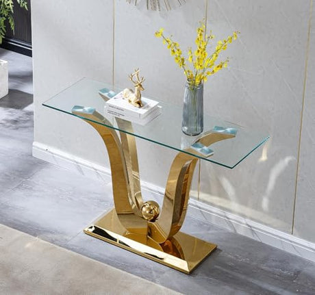 47" Glass Console Table, Long Narrow Tempered Glass Sofa Tables with Double U-Shaped Mirrored Stainless Steel Base, 47 inch Modern Console Tables Luxury Gold Entryway Table for Hallway, Living Room Kootlena
