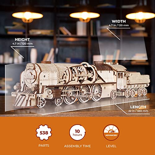 UGEARS 3D Puzzles for Adults - V-Express Steam Train with Tender Idea- 3D Wooden Puzzle Model Kits for Adults and Teens Building Kit Wooden Model Kits UGEARS