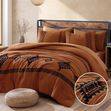 MaiRêve Embroidery Comforter Set, Boho Farmhouse Western Bedding Set, All Season Bed in A Bag Comforter Set with Sheets, Pillowcases & Shams, Burnt Orange King 7 Pieces MaiRêve