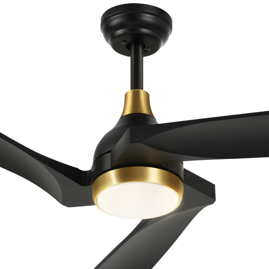 DWVO 52 Inch Ceiling Fan with Lights Remote Control, Dimmable 3-Color LED Ceiling Fan with 3 Solid Wood Blades, Modern Ceiling Fan for Indoor Outdoor with Reversible Quiet Motor, Black