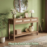 SUPERJARE Rattan Console Sofa Table with Outlets and USB-C Port, 3 Drawer Entryway Table with Synthetic Rattan Surface, Open Shelf, Behind Couch Entry Foyer Hallway Storage, Brown SUPERJARE