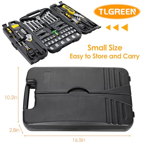 TLGREEN 95 Piece Tool Set, Tool Kit, Mechanics Tool Set, Portable Toolbox with Adjustable Wrench Pliers Socket Bits, with Plastic Toolbox Storage Case, for House Apartment Garage (Yellow) TLGREEN