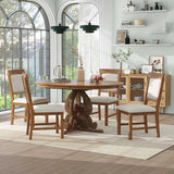 Merax Round Dining Table Set for 4, 5-Piece Extendable Kitchen Table Set with 4 Upholstered Chairs, Farmhouse Dining Table and Chairs Set for Kitchen, Dining Room, Living Room, Walnut Merax