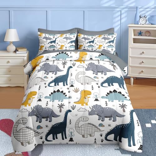 Nesker 5 Pcs Comforter Set Twin Size, Cute Dinosaur Bedding for Kids Teen, Blue Yellow Gray Dino Bedding Set with Pillowcase & Sham for Bedroom Bed Decor Nesker