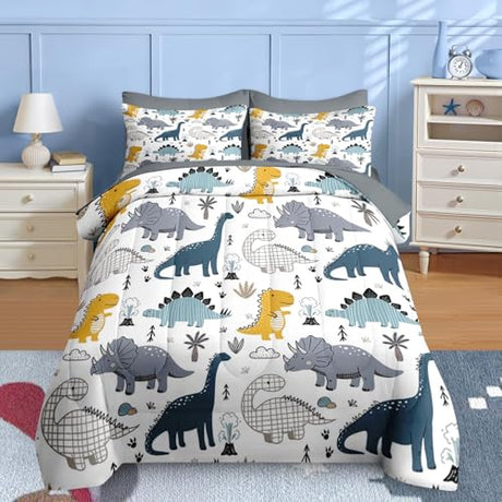 Nesker 7 Pcs Comforter Set Queen Size, Cute Dinosaur Dino Bedding for Kids Teen, Blue Yellow Dragon with Fitted Sheet 2 Pillowcases & 2 Shams for Bedroom Bed Décor Nesker