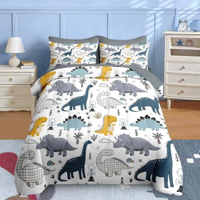 Nesker 7 Pcs Comforter Set Queen Size, Cute Dinosaur Dino Bedding for Kids Teen, Blue Yellow Dragon with Fitted Sheet 2 Pillowcases & 2 Shams for Bedroom Bed Décor