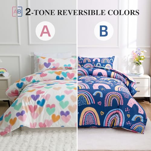 Btargot Lightweight Soft 3 Piece Rainbow Comforter Set with 2 Pillow Covers, Cartoon Love Hearts Suns and Stars Bedding Set for Girls Boys Kids, Twin Dark Blue Btargot
