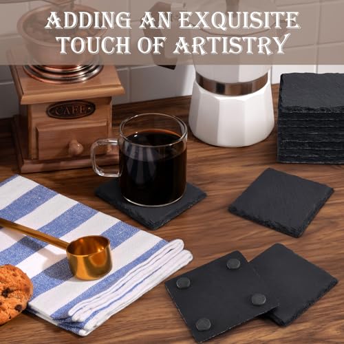 24 Pieces Slate Drink Coasters, GOH DODD 4 Inch Black Coasters Stone Coaster Set, Laser Engraving Blanks with Anti-Scratch Bottom for Home Office Kitchen Housewarming Gifts Wedding Party, Square GOH DODD