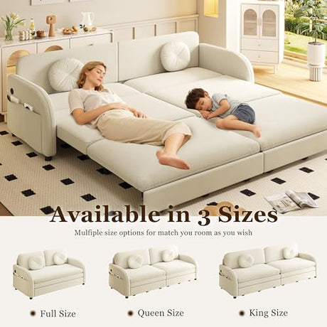 LuxyHoom 65.4'' Pull Out Couch Bed Queen Size, Chenille Sleeper Sofa Daybed, 3 in 1 Convertible Couches, Futon Sofa with 2 Pillows, Storage Pockets, USB, Loveseat for Small Spaces, Living Room, Beige LuxyHoom