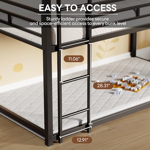 LIKIMIO Bunk Bed, Triple Bunk beds Twin Over Twin Over Twin with 2 Ladders, Metal Frame with Guardrails for Bedroom, No Box Spring Needed, Black LIKIMIO