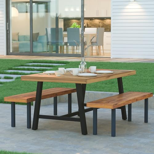 EMMA + OLIVER Whitford Natural Finish Solid Acacia Wood Dining Table with Black Metal Legs for Indoor and Outdoor Use EMMA + OLIVER