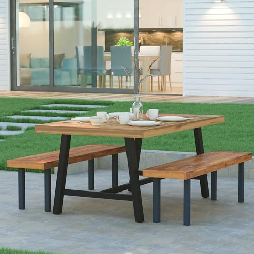 EMMA + OLIVER Whitford Natural Finish Solid Acacia Wood Dining Table with Black Metal Legs for Indoor and Outdoor Use - WoodArtSupply