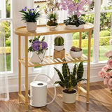 Small Entryway Table Bamboo 30.7", Narrow Hallway Table Oval Top 2-tier, Slim Console Table with Anti-fall Edge, Sofa Side Table 5min Easy Assembly, Small TV Stand for Bedroom, Indoor Plant Stand Atoping