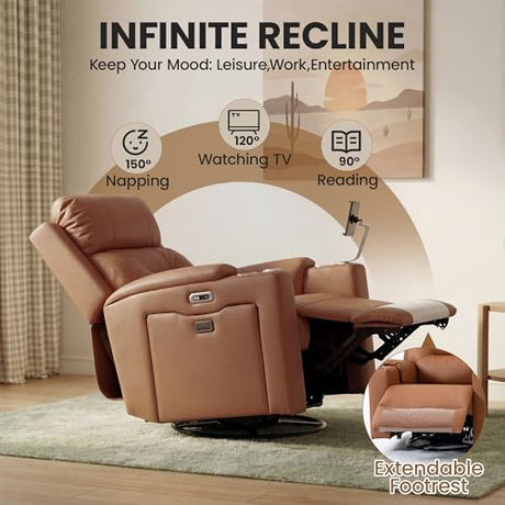 PU Leather Power Swivel Glider Recliner w/ Adjustable Headrest & Lumbar, Electric Nursery Rocking Chairs with Side Storage Space, USB Port, Phone Stand, Stry Table, Cup Holder for Nursery & Home,Brown FiveWillowise