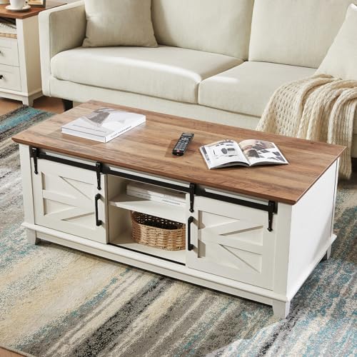 AMERLIFE Farmhouse Coffee Table with Sliding Barn Doors & Storage Cabinet for Living Room, 48" Modern Center Table, Adjustable Shelves, Rustic White - WoodArtSupply