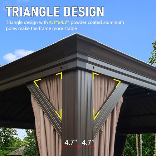 Domi Hardtop Gazebo 14x20FT, Outdoor Gazebo with Galvanized Steel Double Roof, Aluminum Frame, Built-in Gutter System, Curtain and Netting, Metal Gazebo Pavilion for Patio Deck Garden, Brown domi outdoor living