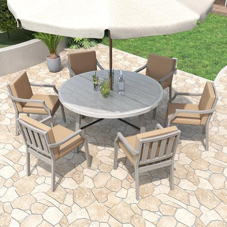 VilroCaz 6-Person Acacia Wood Outdoor Dinning Set, All-Weather Outdoor Round Dining Table with Umbrella Hole and 6 Cushion Chairs for Patio Backyard Garden VilroCaz