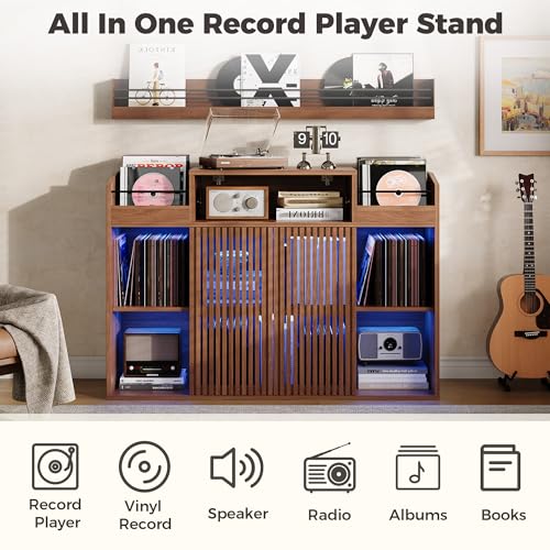 IRONCK Luxury Record Player Stand with Storage, Holds 1500+ Vinyl Records, Large Record Storage Cabinet with Sliding Doors & Charging Station & LED Light, Brown IRONCK