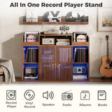 IRONCK Luxury Record Player Stand with Storage, Holds 1500+ Vinyl Records, Large Record Storage Cabinet with Sliding Doors & Charging Station & LED Light, Brown IRONCK