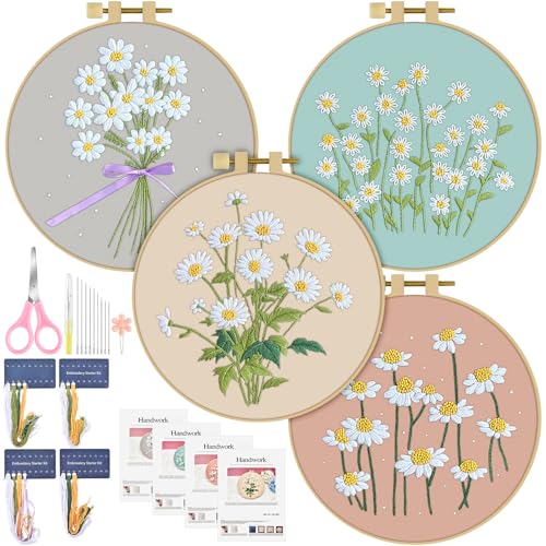 ERKOON 4 Set Embroidery Kit for Beginners, Cross Stitch Set Include Embroidery Cloth Hoops Threads for Craft Lover Hand Stitch with Embroidery Skill Techniques (Daisy)