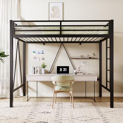 Allewie 72 Inches Tall Loft Bed Twin Size with Ladder and Safety Guardrail for Teens and Adults, Heavy Duty Metal Single Loft Bed for Small Space, Noise Free, Black Allewie