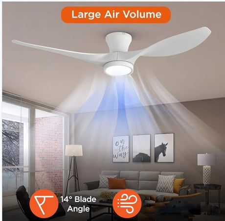 TALOYA 52 inch Ceiling Fans with Lights Remote Control, Modern Low Profile Ceiling Fan with Quiet Reversible DC Motor for Bedroom Living Room and Patio White TALOYA