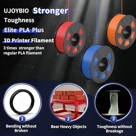 UJOYBIO 8 Color Bundle Elite PLA+ 3D Printer Filament, Multicolor PLA+ 1.75mm, Individually Vacuum Packed, 0.25kg Spool, 8 Pack (Black+Cream White+Grey+Orange Yellow+Red+Dark Blue+Green+Iris Purple) UJOYBIO
