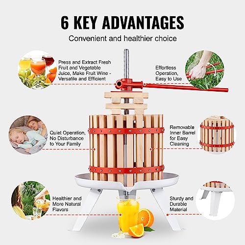 VEVOR Fruit Wine Press, 3.2 Gallon/12L, Solid Wood Basket with 6 Blocks, Manual Juice Maker, Cider Apple Grape Tincture Vegetables Honey Olive Oil Making Press with Pole Handle Bar for Kitchen, Home VEVOR
