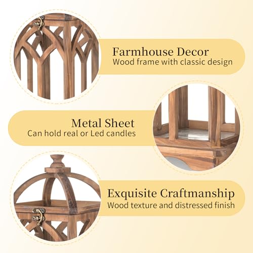 Romadedi Farmhouse Candle Lantern Wooden - 12" / 16" Set of 2 Decorative Rustic Wood Candle Holder Home Decor Decoration Wedding Table Centerpiece, Brown Romadedi