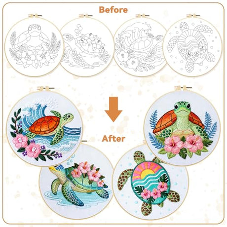 BEUNITONE 4 Sets Sea Turtle Embroidery Kits for Beginners DIY Craft Kits for Adults with Printed Patterns, Hoops and Instructions, Hibiscus Flower Needlepoint Kits for Clothing and Home Decor BEUNITONE