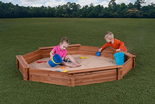 Octagon Wooden Cedar Sand Box w Seat Boards | Eco-Friendly Cover & Ground Liner | 84" X 78" x 9" | 3/4" Cedar Boards | Easy DIY Assembly | Holds 800+ lbs of Sand | Natural Cedar Beauty Built to Last