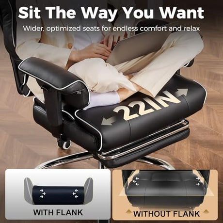 COMHOMA Big and Tall Office Chair 400lbs High Back Gaming Chair with Ergonomic Lumbar Support & Pocket Spring Cushion for Lower Back Pain Relief, Leather Executive Chair with Foot Rest, White/Black COMHOMA