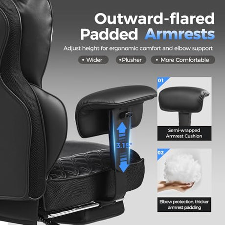 COMHOMA Big and Tall Office Chair 400LBS Heavy Duty Gaming Chair with Deluxe Embossing Leather High Back Wider Ergonomic Computer Chair with Foot Rest 150°Reclining Pocket Spring Lumbar Support COMHOMA