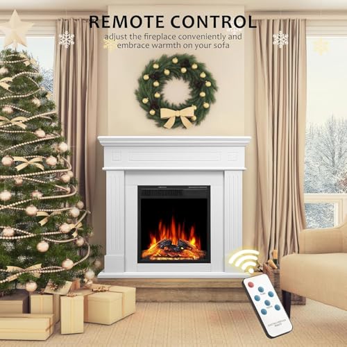 43 Inch Fireplace TV Stand with Mantel - Electric Fireplace Heater, Wooden Entertainment Center, Adjustable LED Flame, Freestanding (750W/1500W),Cream ZAFRO