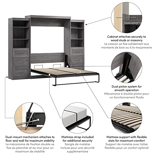 Bestar Pur Queen Murphy Bed and 2 Shelving Units with Drawers, 115-inch Space-Saving Sleeping Arrangement in Bark Grey Bestar