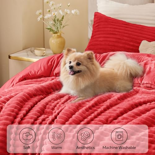 BEDELITE Fleece King Comforter Set -Super Soft & Warm Fluffy Red Bedding, Luxury Fuzzy Heavy Bed Set for Winter with 2 Pillow Cases BEDELITE
