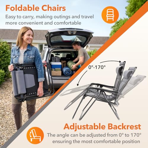 Sweetcrispy Zero Gravity Chairs, Foldable Patio Reclining Chairs with Adjustable Pillow & Cup Holder, Oversized Portable Support 400 lbs, for Backyard Camping(Black-Gray)
