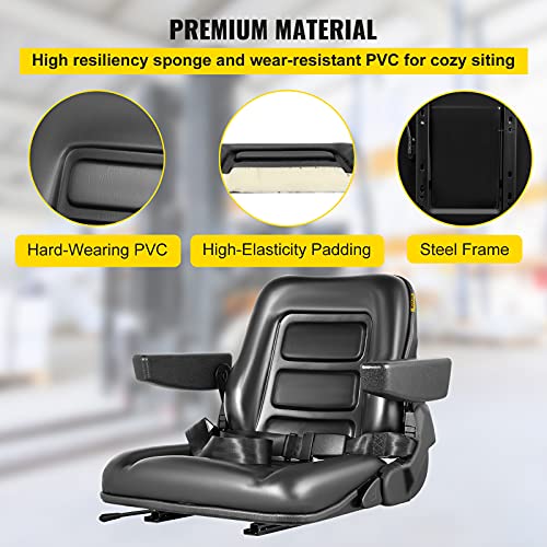 VEVOR Universal Forklift Seat Black PVC Tractor Seat, 6"/150MM Adjustable Mower Seat Foldable Seat Including Armrests, Seat Belt, Seat Switch, Skid Steer Seat Fit Forklift, Tractor, Skid Loader VEVOR