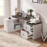 67" L Shaped Executive Desk with Drawers & Storage Shelf, Corner Computer Desk with Power Outlets, Home Office Desk with Monitor Stand, Printer Shelf, Computer Writing Desk for Work, Antique White CASSORA
