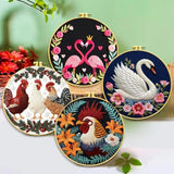 Zhenqing Birds Embroidery Kit for Beginners, 4 Circular Designs with 20cm Hoop, Pre-Printed 29x29cm Fabric & Threads - Flamingo, Swan, Chicken, Rooster Patterns for Home Decor(C0180)